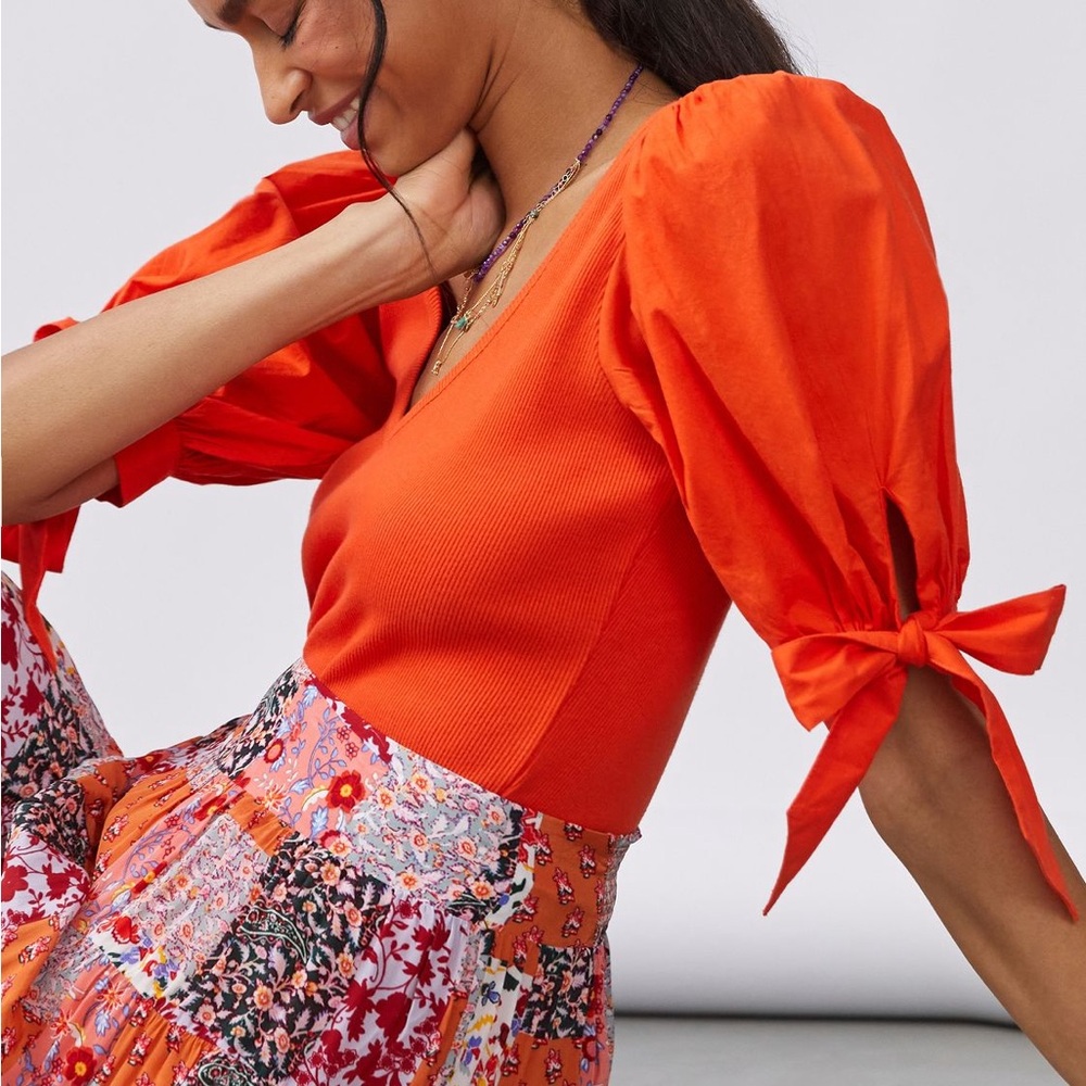 Anthropologie Orange 3/4 Puff Sleeve Tie Front Blouse